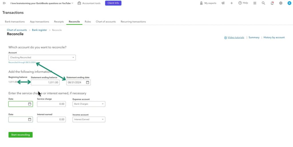 Start a reconciliation in QBO to view unreconciled transactions
