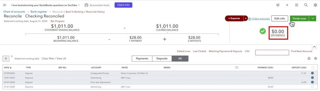 Reconciling unreconciled transactions form past tax years with a Prior Year Adjustment deposit
