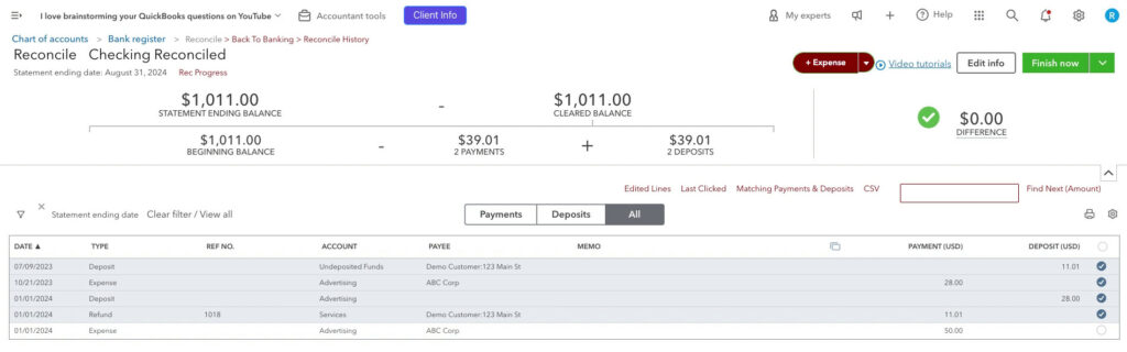 Reconciling transactions from past tax years in QBO