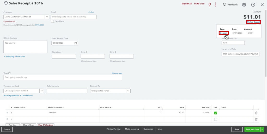 Navigating to a linked deposit on a sales receipt in QBO