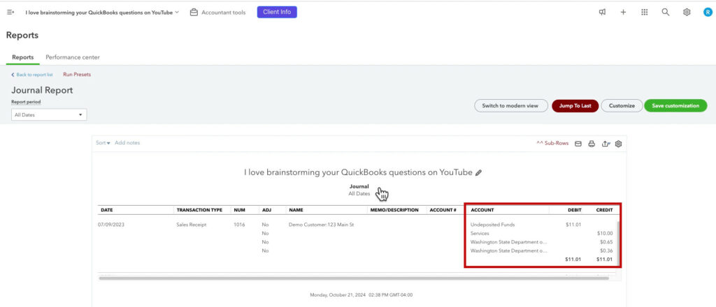 Debits and credits for a sales receipt in QBO