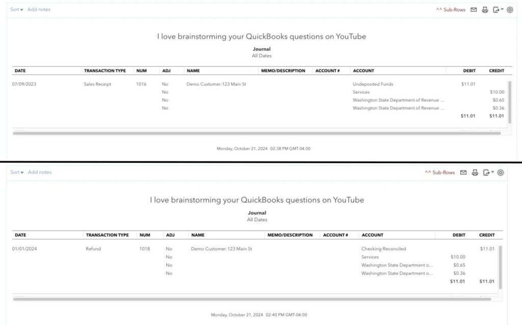 Check the transaction journals match for a sales receipt and refund receipt in QBO