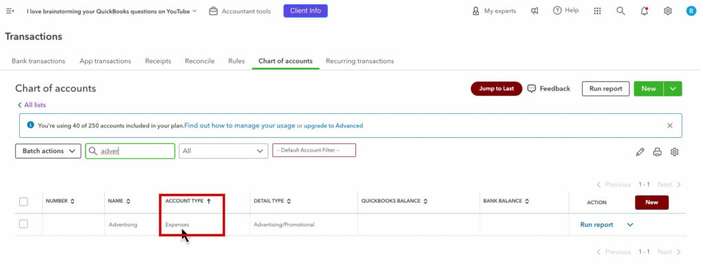 Checking account type in QBO's chart of accounts