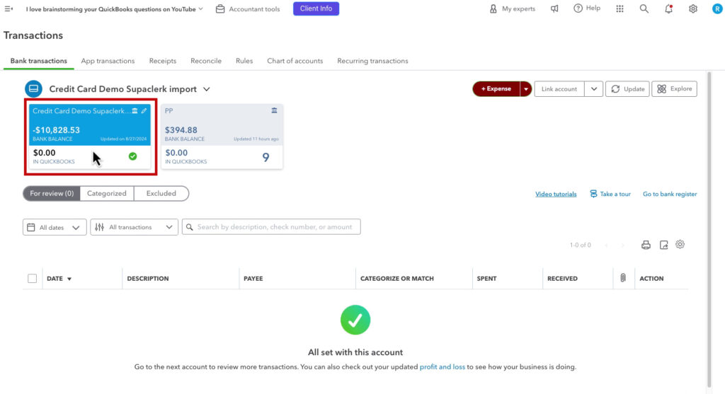 Demo credit card account connect to QBO through bank transactions