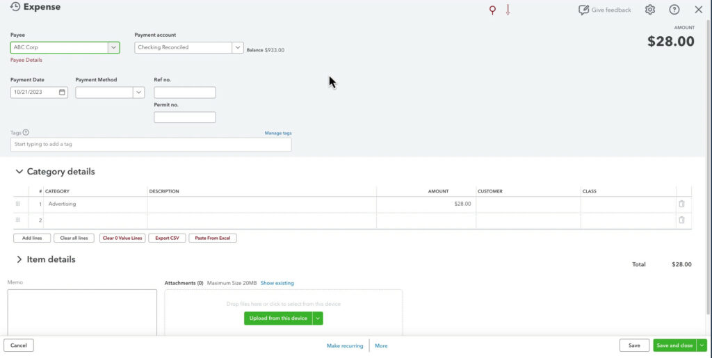 Unreconciled expense in QBO