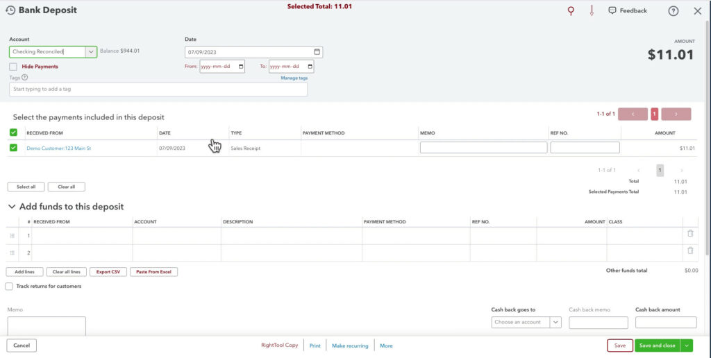 Bank deposit that's unreconciled from a previous year that contains a sales receipt