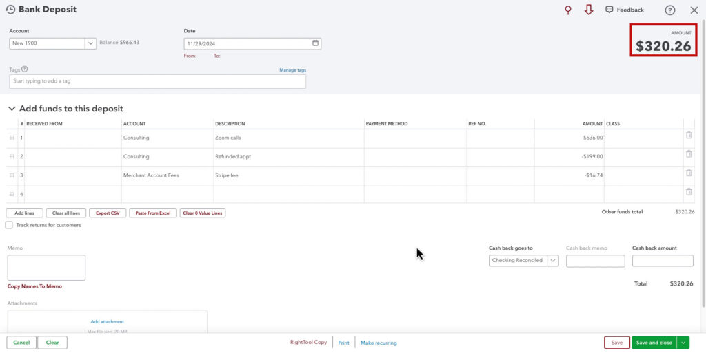 Bank deposit recording a Stripe payout with fees and a refund in QBO