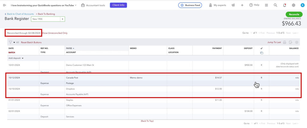 Register of a bank account that was merged showing reconciled transactions past the reconciliation date in QBO