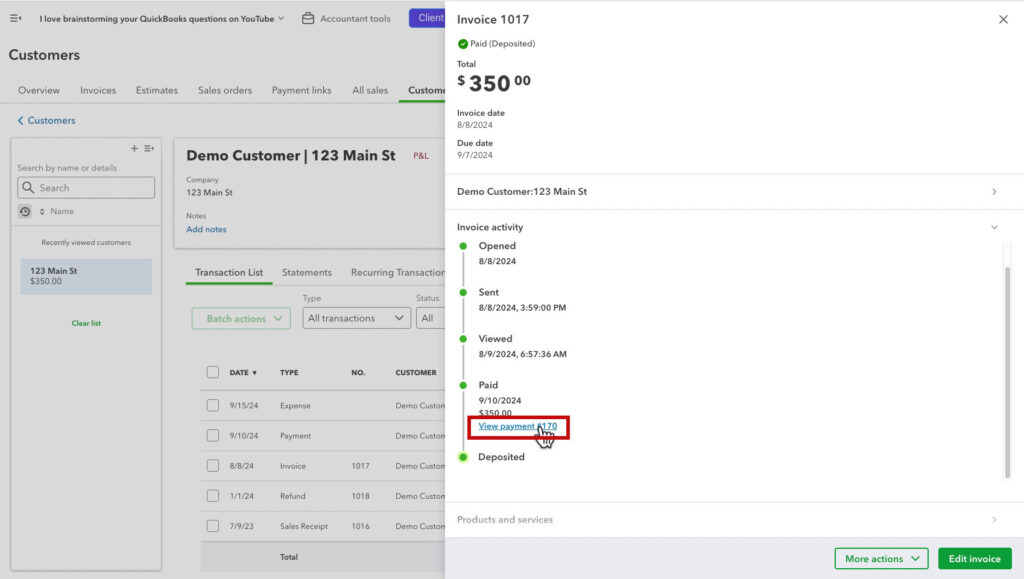 View payment link and an invoices activity pop-out in QBO