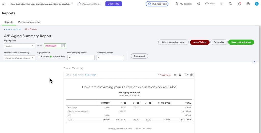 AP Aging Summary Report in QBO with a prior as of date