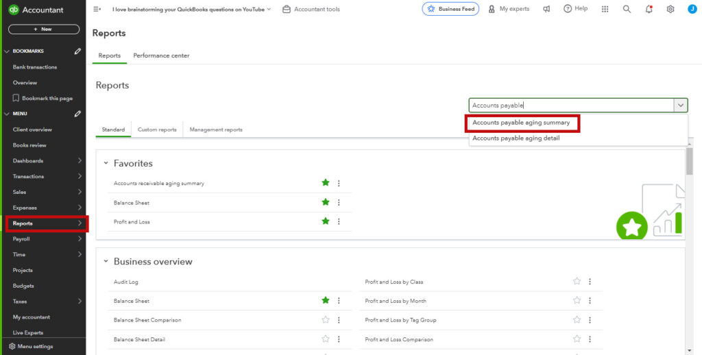 Searching for the Accounts Payable Aging Summary in QBO
