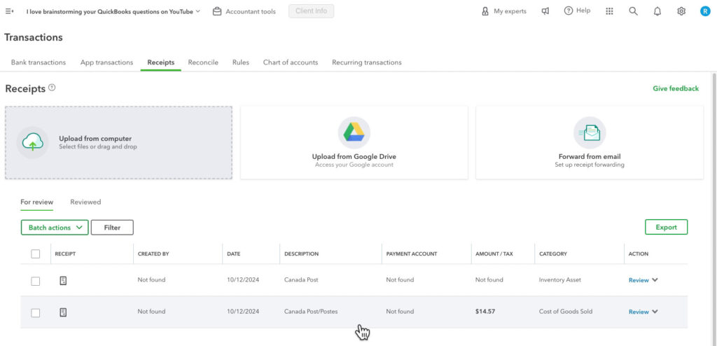 A receipt uploaded into QBO twice using the mobile app showing different information for each upload.