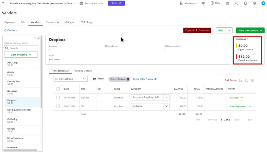 Discovering a duplicate bill or expense on a vendor's screen in QBO