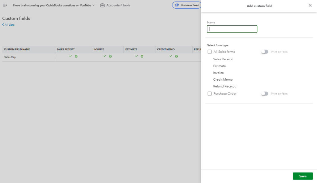 Add Custom Field pop-out in QBO