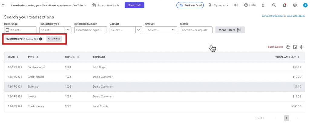 An advanced transaction search in QBO filtered by a custom field
