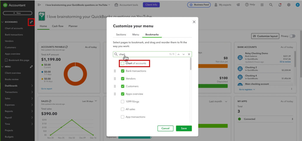 Bookmarking the Chart of accounts in QBO