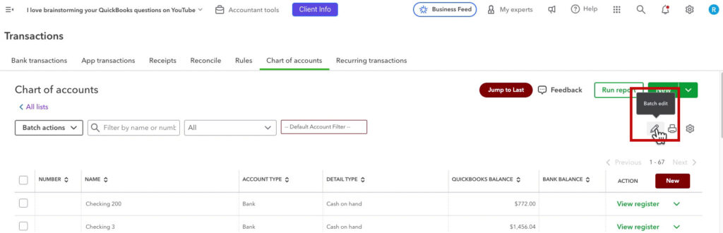 Batch edit icon in the QBO Chart of accounts