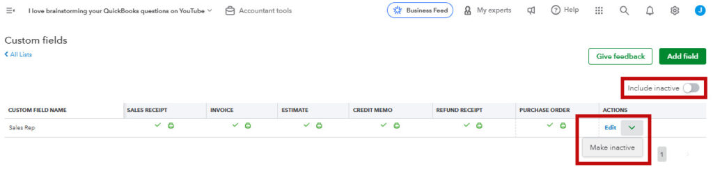 Make a custom field inactive and toggle inactive fields on/off in QBO