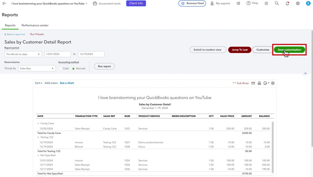 Saving a customized report in QBO
