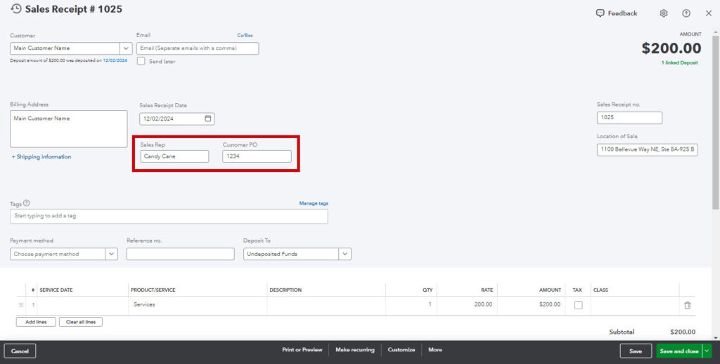 Custom fields on Sales Receipts in QBO