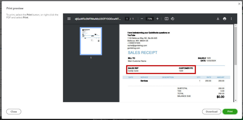 Where custom fields show up on the printed version of a sales receipt in QBO