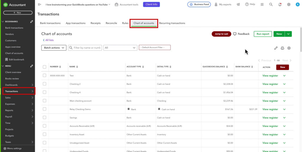 Navigating to the Chart of Accounts from the Transactions screen