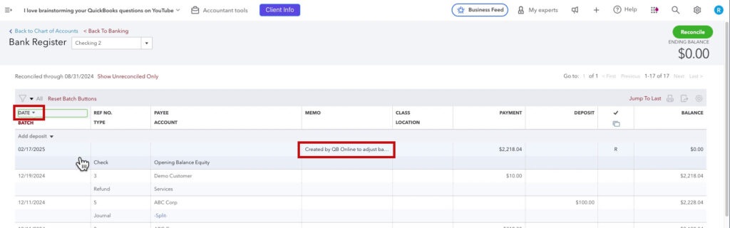 Opening balance equity entry in a QBO bank register identified the memo including the text "Created by QB Online to adjust"