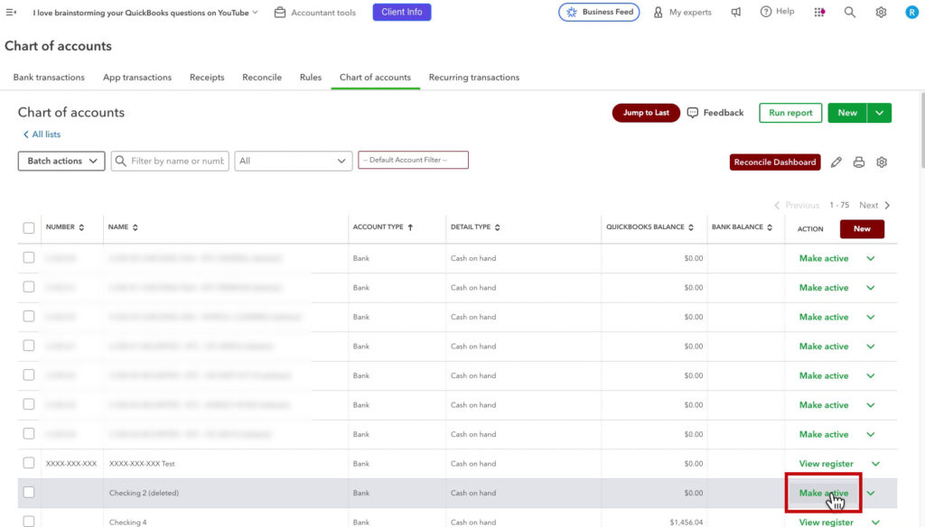 Make an account active in the QBO Chart of accounts
