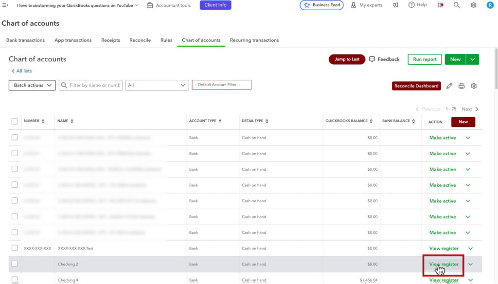 View register on your account in the QBO Chart of accounts
