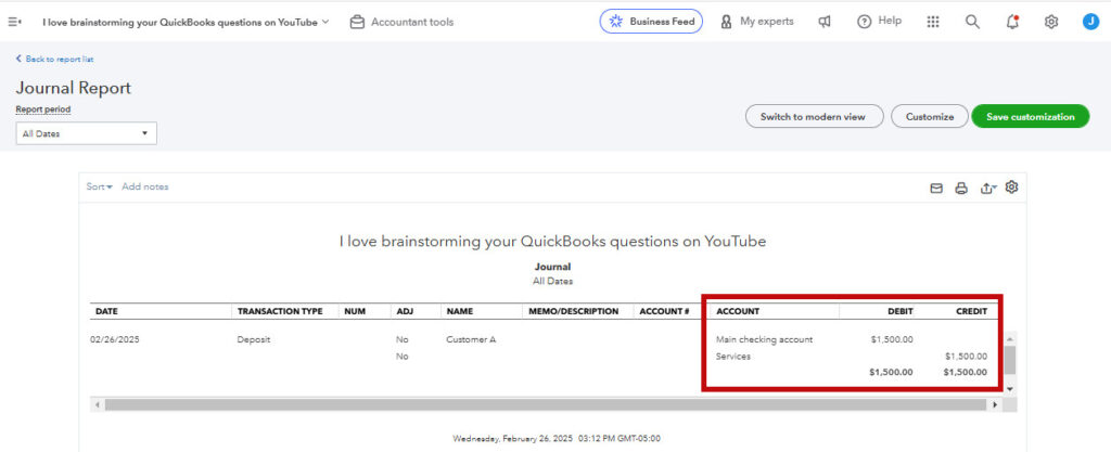 Journal entry created by QBO for a deposit