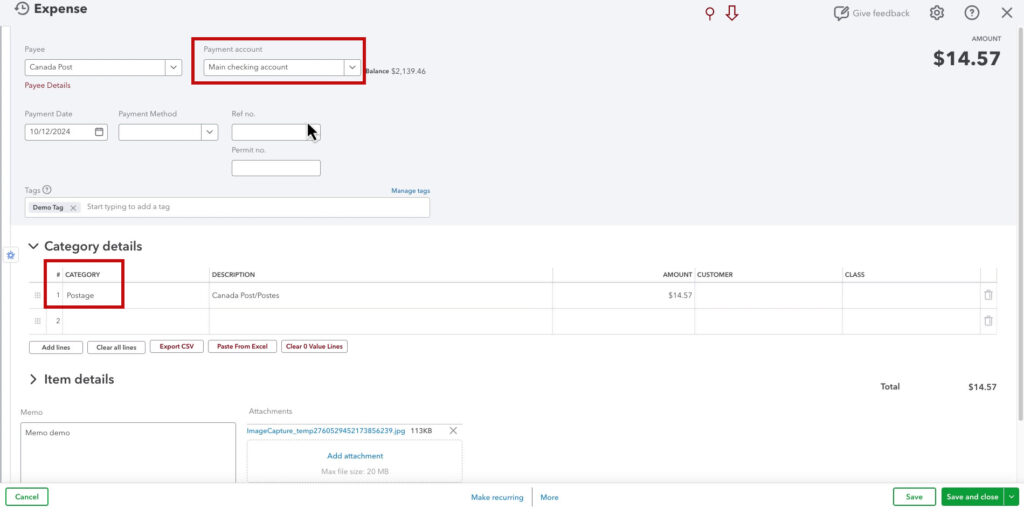 Example postage expense in QBO