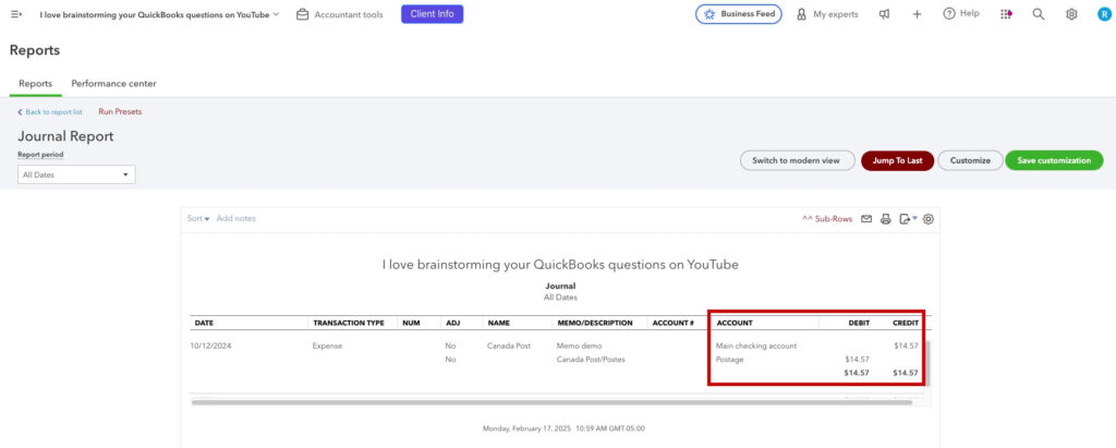 Journal entry for a postage expense in QBO