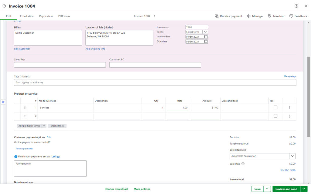 Example invoice in QBO