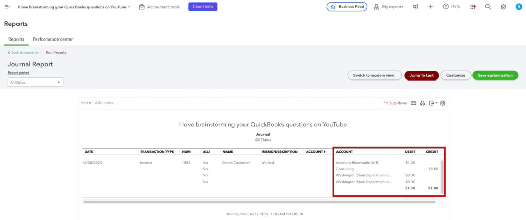 Journal entry for an invoice in QBO