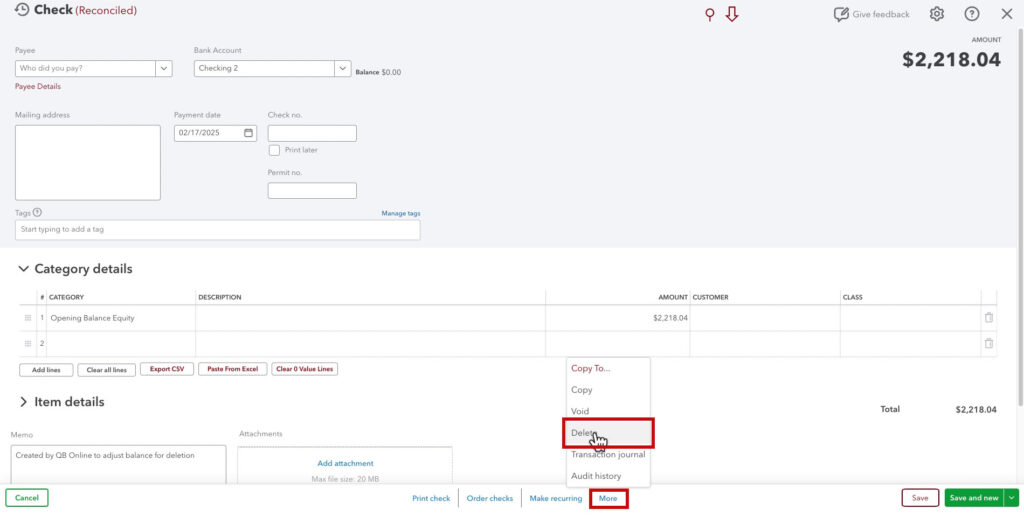 Deleting an opening balance equity adjustment transaction created by QuickBooks Online