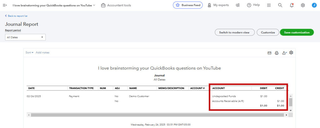 Journal entry for a received payment in QBO