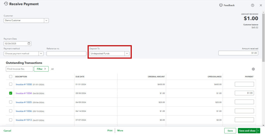 Invoice payment deposited into Undeposited Funds