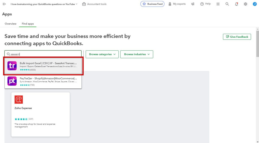 Search for the Bulk Import Excel SaasAnt app in QBO