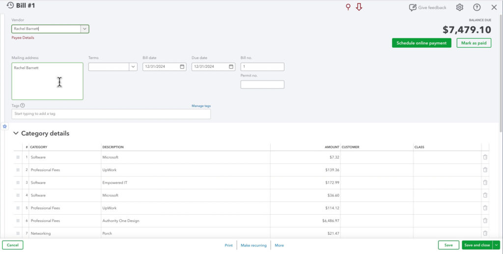 Bill imported into QBO using SaasAnt