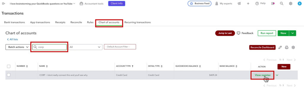 View register on your corporate credit card account in QBO
