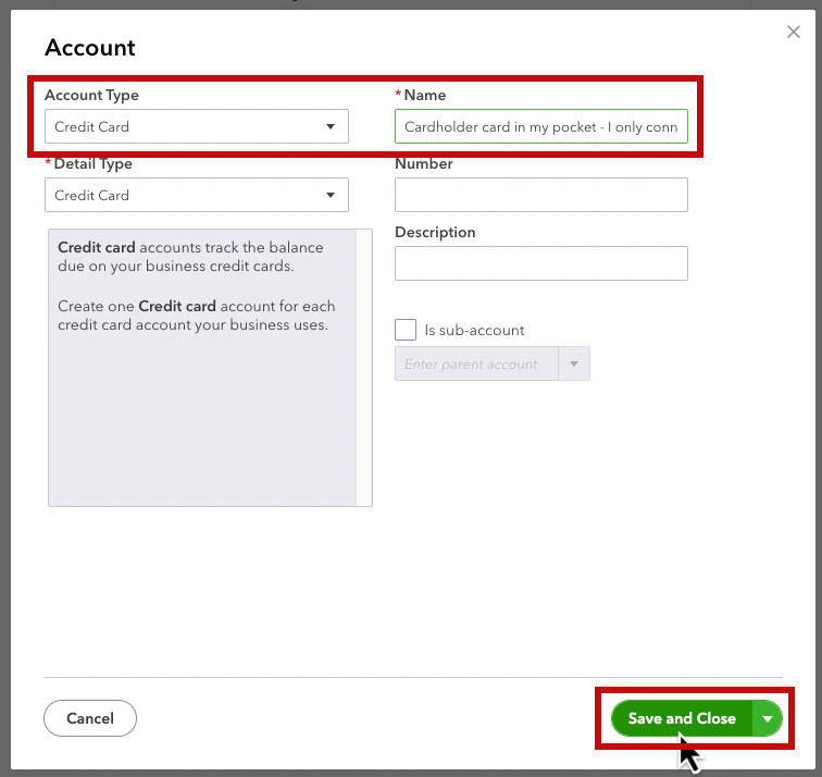 Creating an account for a credit card in QBO
