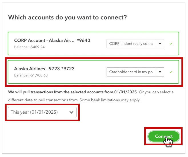 Select the date to start pulling your credit card transactions from when connecting to QBO