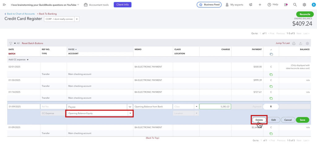 Delete Opening Balance Equity transaction