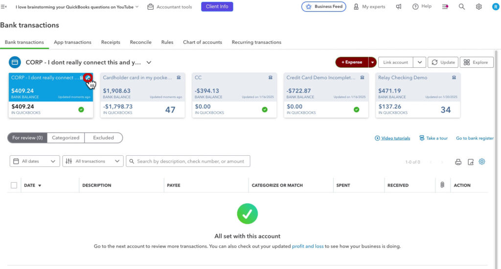 Edit the corporate credit card connection to QBO