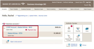 Example of a Bank of America corporate credit card with one cardholder