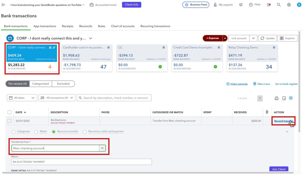 Record payments to corporate credit card account as transfers to the checking account used to make the payments