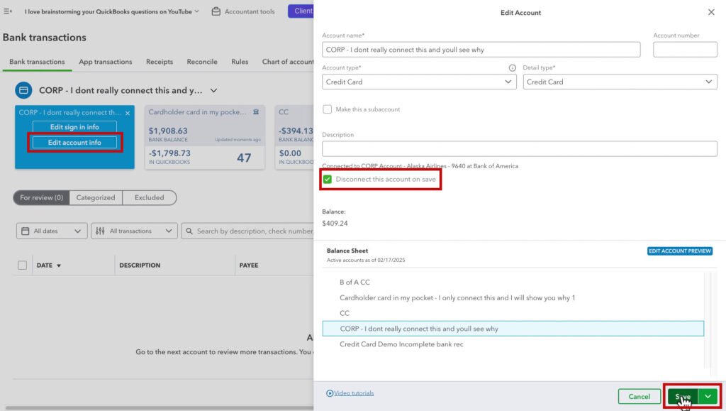 Disconnecting a corporate credit card account from QBO
