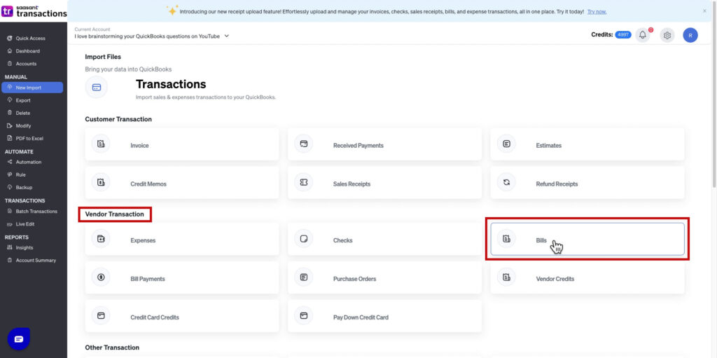 Choosing bills to import with SaasAnt