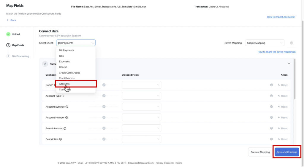 Select sheet for SaasAnt mapping