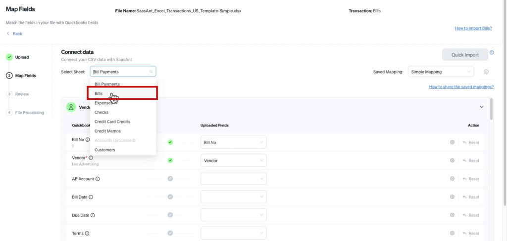 Select the Bills sheet when importing bills with SaasAnt
